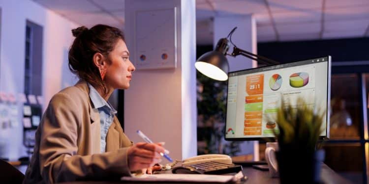 Profissional analisando gráficos financeiros em computador durante o trabalho noturno em escritório moderno.