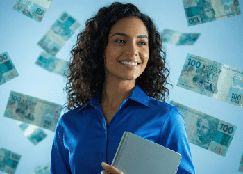 Mulher de cabelos cacheados e camisa azul segura notebook enquanto notas de 100 reais flutuam ao redor