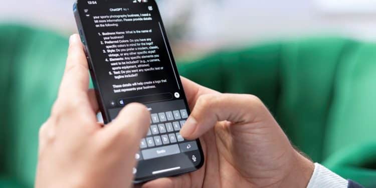 Homem digitando um prompt no aplicativo do ChatGPT pelo celular.