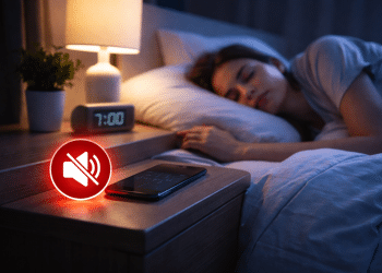 Pessoa dormindo ao lado de celular no modo silencioso sobre a mesa de cabeceira