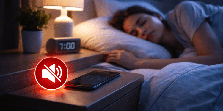 Pessoa dormindo ao lado de celular no modo silencioso sobre a mesa de cabeceira