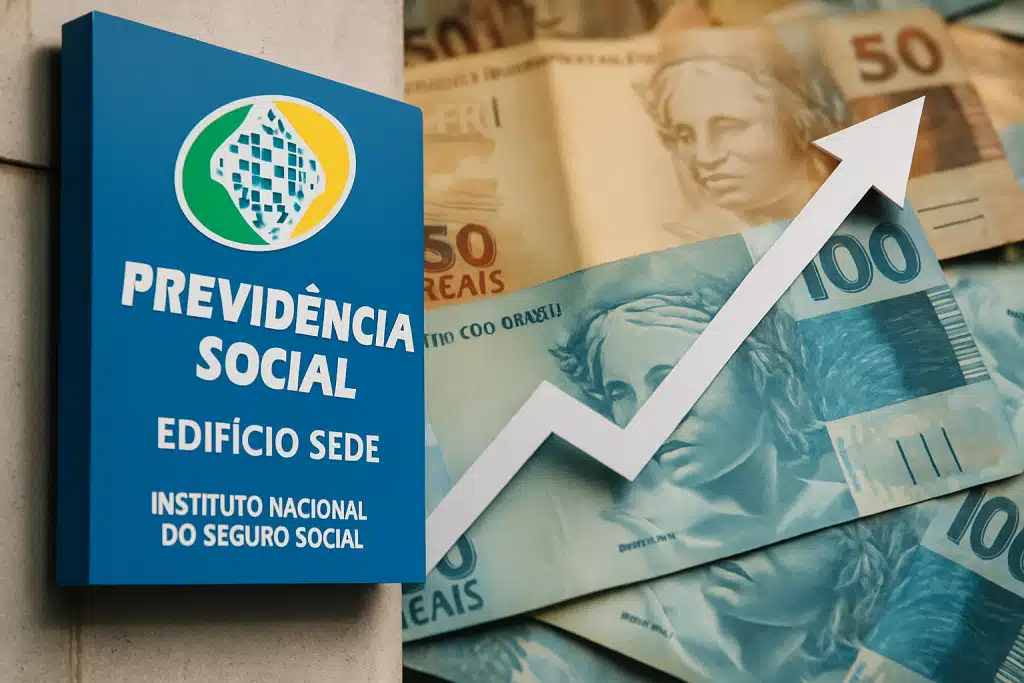 Placa da Previdência Social INSS com notas de reais e seta de alta ao fundo — principais regras do 13º antecipado INSS valores público e datas 2026