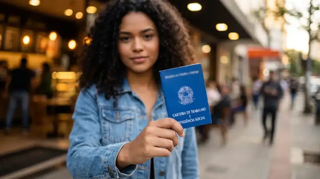 Jovem segurando a Carteira de Trabalho e Previdência Social em ambiente urbano.