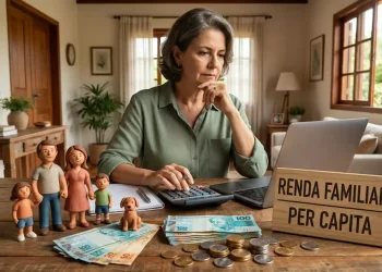 Mulher calculando renda familiar per capita em casa com calculadora, computador e dinheiro sobre a mesa.