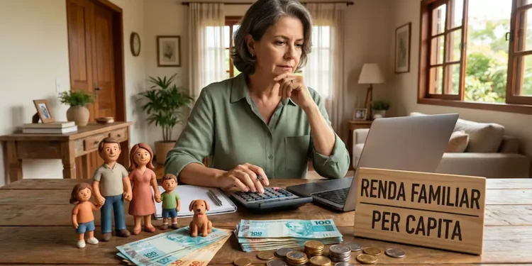 Mulher calculando renda familiar per capita em casa com calculadora, computador e dinheiro sobre a mesa.