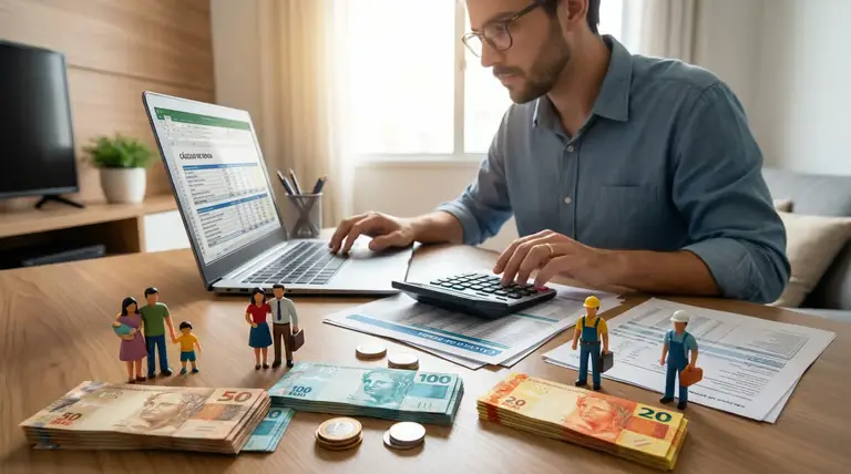 Homem fazendo o cálculo da renda familiar per capita com calculadora, planilhas, notebook, dinheiro e representação da família sobre a mesa.