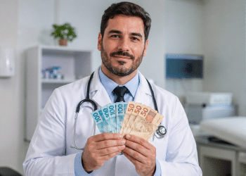 Médico de jaleco branco com estetoscópio segura notas de 100 e 50 reais em consultório