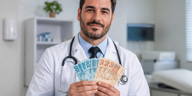 Médico de jaleco branco com estetoscópio segura notas de 100 e 50 reais em consultório