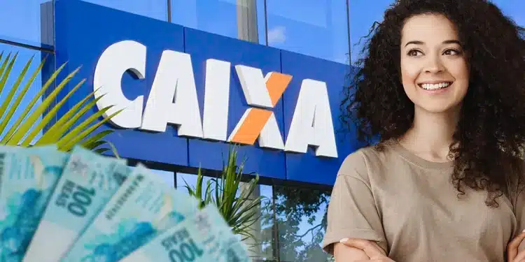 Mulher sorridente em frente à fachada da CAIXA ao lado de cédulas de cem reais em destaque, simbolizando o pagamento de R$ 6.220.