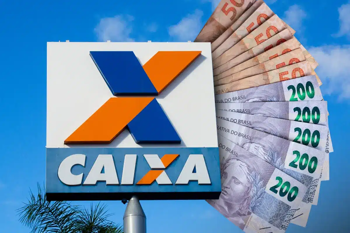 Totem da Caixa Econômica Federal com leque de notas de R$ 50 e R$ 200 ao fundo, simbolizando a liberação do Saque Calamidade do FGTS para novos municípios em 1º de abril de 2026