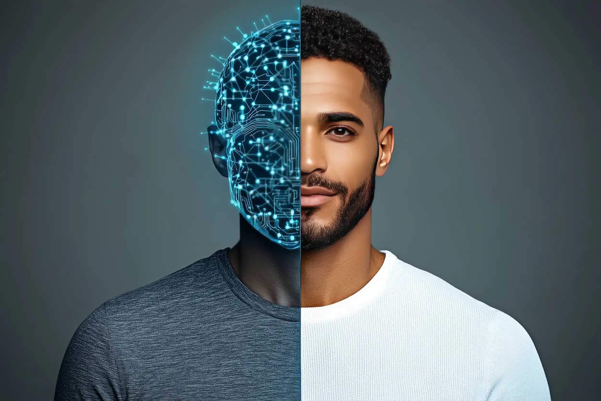 Representação visual da integração entre inteligência artificial e ser humano em um cenário de colaboração tecnológica.