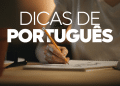 Pessoa escrevendo com lápis em caderno com destaque para conteúdo sobre língua portuguesa.