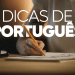 Pessoa escrevendo com lápis em caderno com destaque para conteúdo sobre língua portuguesa.