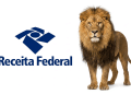 Leão do Imposto de Renda ao lado do logo da Receita Federal.