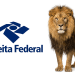 Leão do Imposto de Renda ao lado do logo da Receita Federal.