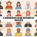Ilustração com 20 avatares de profissões diversas e texto "Carreiras que exigem o inglês" ao centro.