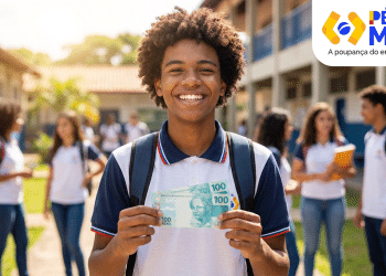 Estudante do ensino médio público exibe notas de R$ 100 do Pé-de-Meia.