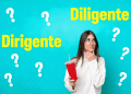 Jovem com expressão de dúvida com fundo azul e palavras "dirigente" e "diligente" cercada por interrogações.