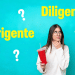 Jovem com expressão de dúvida com fundo azul e palavras "dirigente" e "diligente" cercada por interrogações.