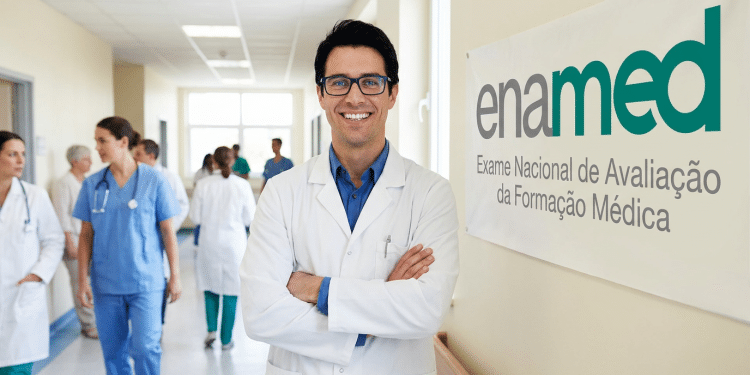 Médico sorridente diante de banner do ENAMED em corredor hospitalar.