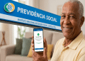 Homem idoso sorridente realiza reconhecimento facial no celular para prova de vida do INSS em sala de estar.