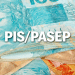 Notas de 100 reais empilhadas com texto PIS/PASEP sobreposto representando abono salarial.