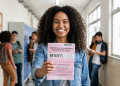 Estudante sorridente exibe caderno do ENEM 2020 em corredor escolar.
