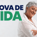 Mulher idosa de cabelos grisalhos curtos sorri, vestindo camisa branca, ao lado do texto "Prova de Vida".