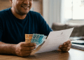 Homem sorridente confere documento e cédulas de real brasileiro.