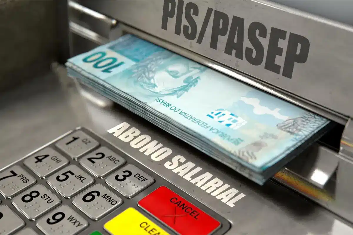 Caixa eletrônico com notas de R$ 100 e textos PIS/PASEP e Abono Salarial.