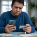 Homem preocupado confere cartão de crédito no celular em casa.