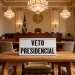 Placa branca com nome "Veto Presidencial" em mesa de madeira.