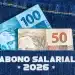 Abono salarial 2026: cédulas de cem e cinquenta reais saindo do bolso traseiro de uma calça jeans com a inscrição abono salarial 2026 estampada no tecido