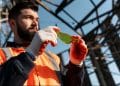 Trabalhador usando equipamentos de proteção em ambiente industrial