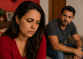 Mulher aparece pensativa em primeiro plano enquanto um homem observa ao fundo na sala de casa