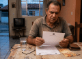 Homem idoso lê documento oficial com expressão preocupada à mesa da sala de casa