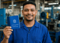 Trabalhador de uniforme azul sorri segurando a Carteira de Trabalho e Previdência Social dentro de uma fábrica