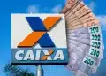 Placa da Caixa Econômica Federal ao lado de leque de cédulas de R$ 50 e R$ 200, representando o saque de até R$ 6.220 do FGTS por calamidade pública.