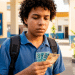 Estudante do Pé-de-Meia confere notas de R$ 100 e R$ 50 no pátio da escola, sem saber se receberá R$ 200 ou R$ 1.000 em 1º de junho