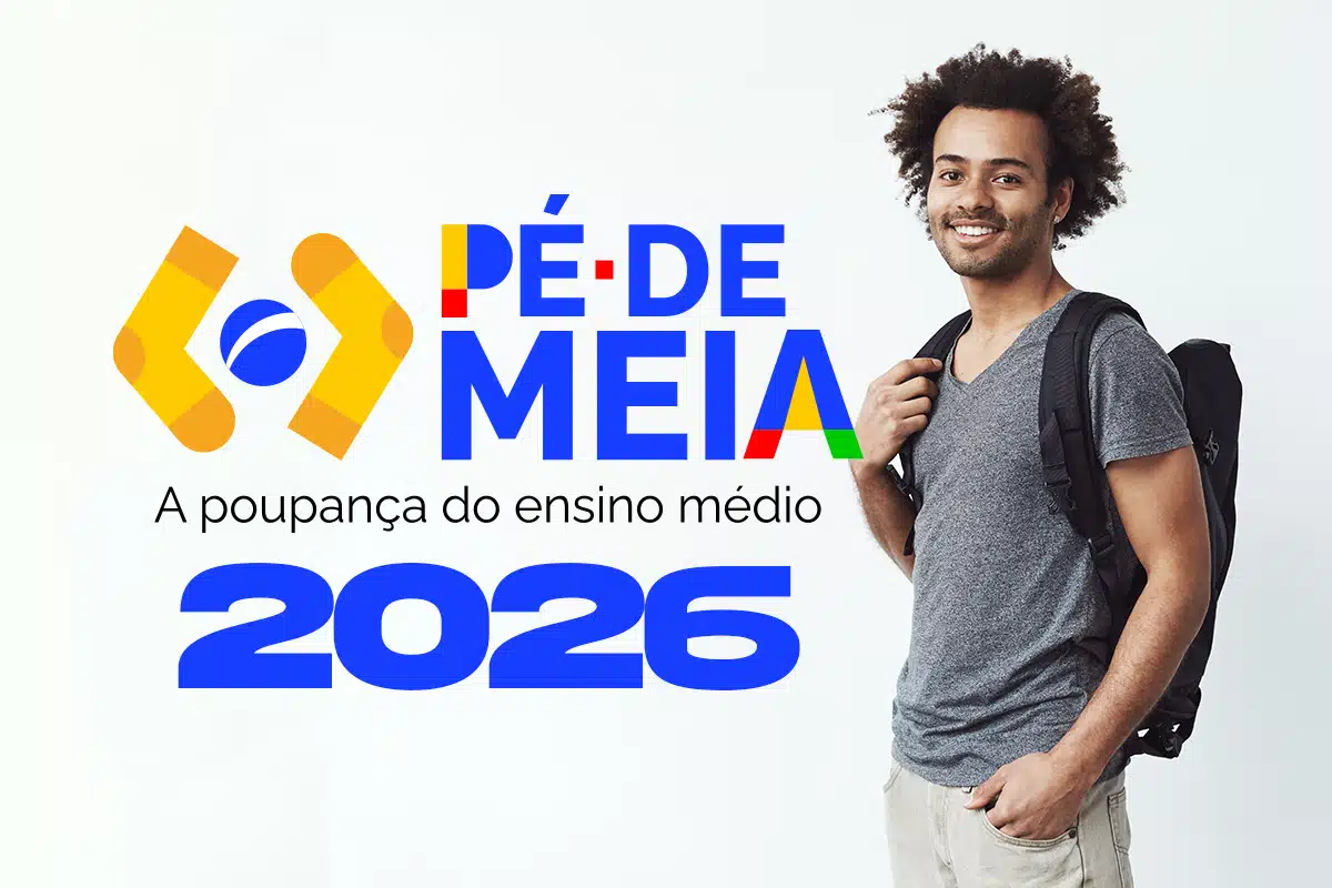 Jovem estudante sorridente com mochila ao lado do logotipo do programa Pé-de-Meia 2026