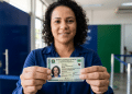 Cidadã exibe a nova Carteira de Identidade Nacional recém-emitida em unidade de atendimento
