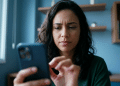 Mulher observa a tela do celular com expressão concentrada, sentada em ambiente interno