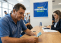 Homem conta cédulas de real diante de atendente em banco, sob banner do Novo Desenrola Brasil, durante renegociação de dívida