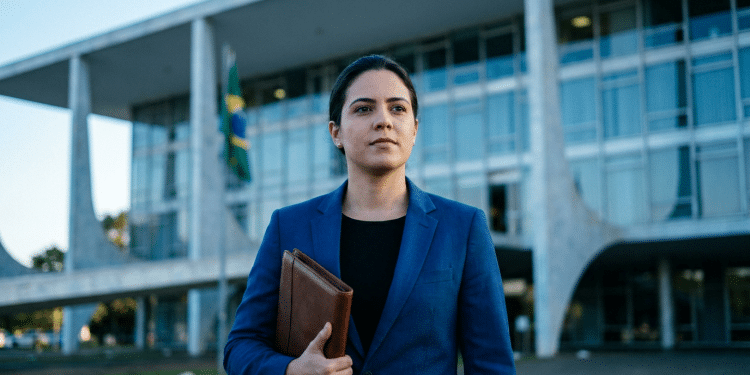 Mulher de blazer azul segura pasta marrom em frente ao Palácio do Planalto com bandeira do Brasil ao fundo.