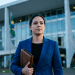 Mulher de blazer azul segura pasta marrom em frente ao Palácio do Planalto com bandeira do Brasil ao fundo.