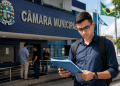 Jovem de óculos e camisa azul-escura lê pasta de documentos em frente à Câmara Municipal com bandeiras do Brasil ao fundo.