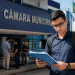 Jovem de óculos e camisa azul-escura lê pasta de documentos em frente à Câmara Municipal com bandeiras do Brasil ao fundo.