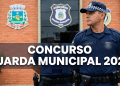 Guarda municipal fardado de boné xadrez azul em frente a prédio com brasões e emblema de concurso GCM 2026
