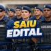 Agentes da Guarda Municipal em formação com coletes balísticos e boinas azuis, texto "Saiu Edital" em destaque