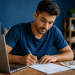 Homem de camiseta azul preenche documento com caneta em mesa com laptop e carteira de identidade ao lado.